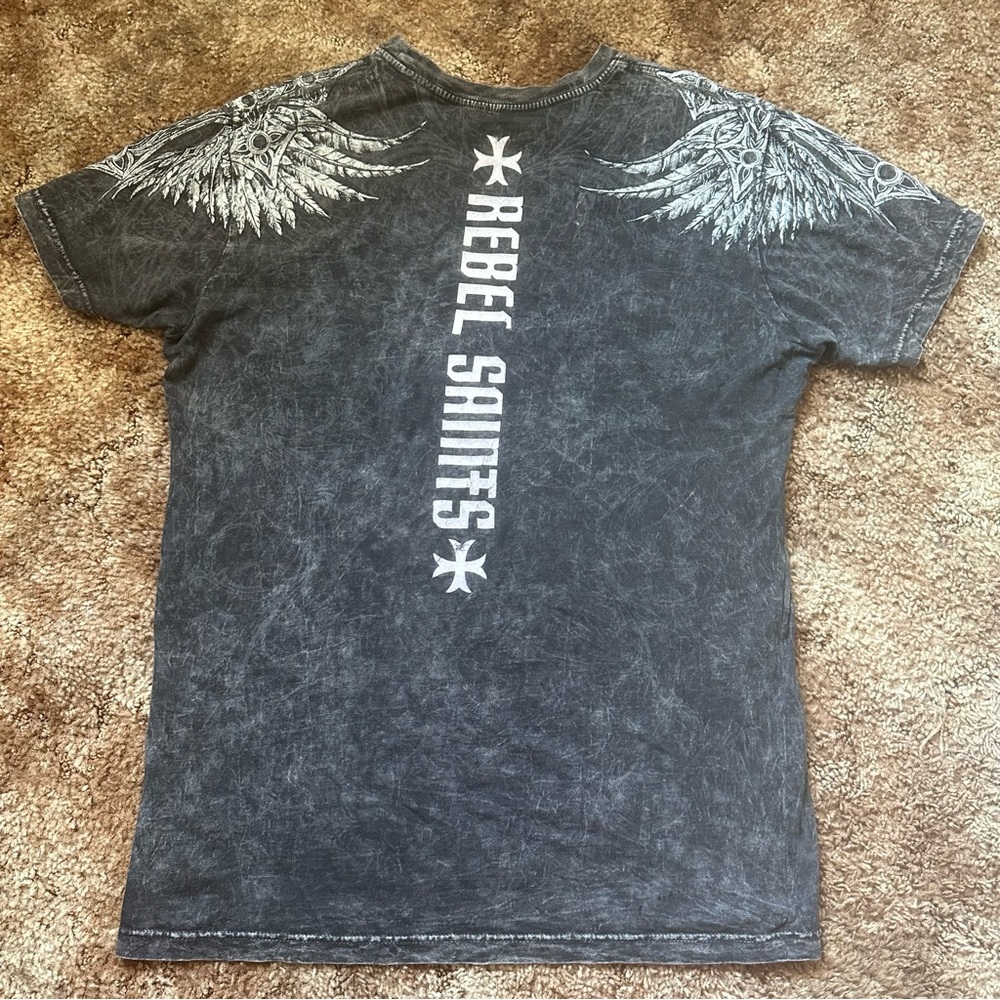 Rebel Saints Affliction Sz M Cyber Grunge Tee Y2K Big Logo Distressed Gray
